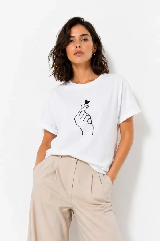 Kore Parmak Kalp Aşk Temalı Minimal Baskılı Tişört Yazlık Kısa Kol T-Shirt
