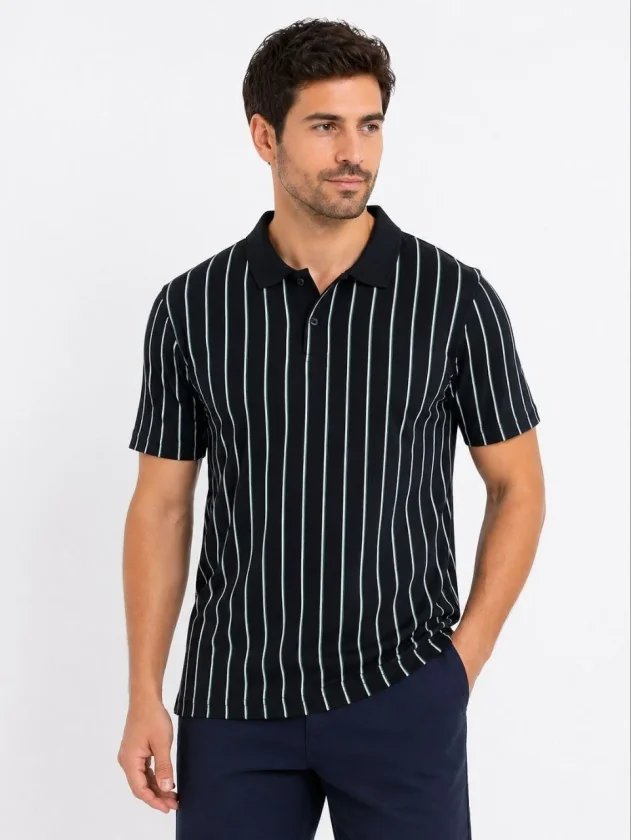 Erkek Pike Kumaş Çizgili Polo Yaka Tişört Kısa Kol Yazlık T-Shirt
