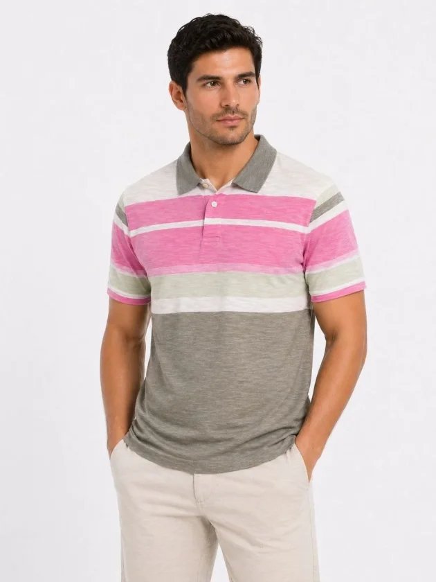Erkek Flamlı Penye Çizgili Polo Yaka Tişört Kısa Kol Yazlık T-Shirt
