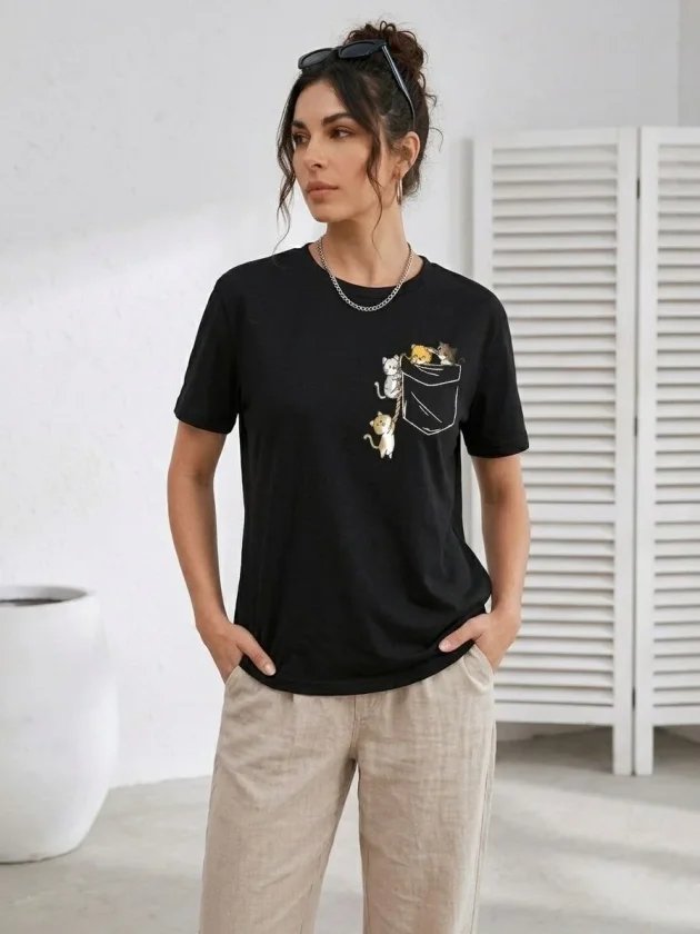 Sevimli Kedi Cep Baskılı Tişört Kısa Kol Yazlık T-Shirt