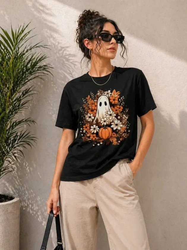 Balkabağı Hayalet Baskılı Tişört Kısa Kol Yazlık T-Shirt