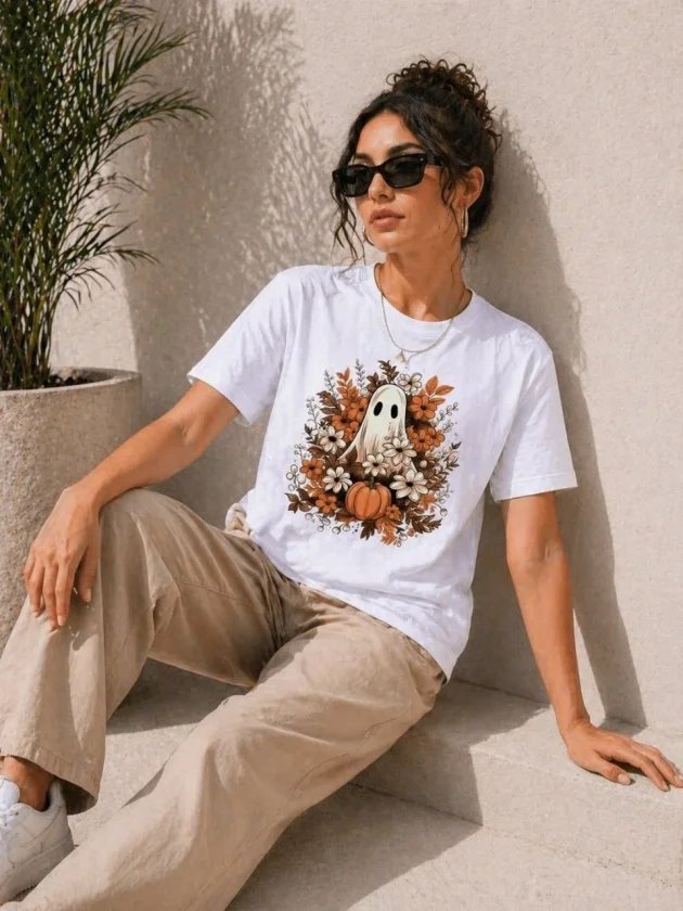 Balkabağı Hayalet Baskılı Tişört Kısa Kol Yazlık T-Shirt