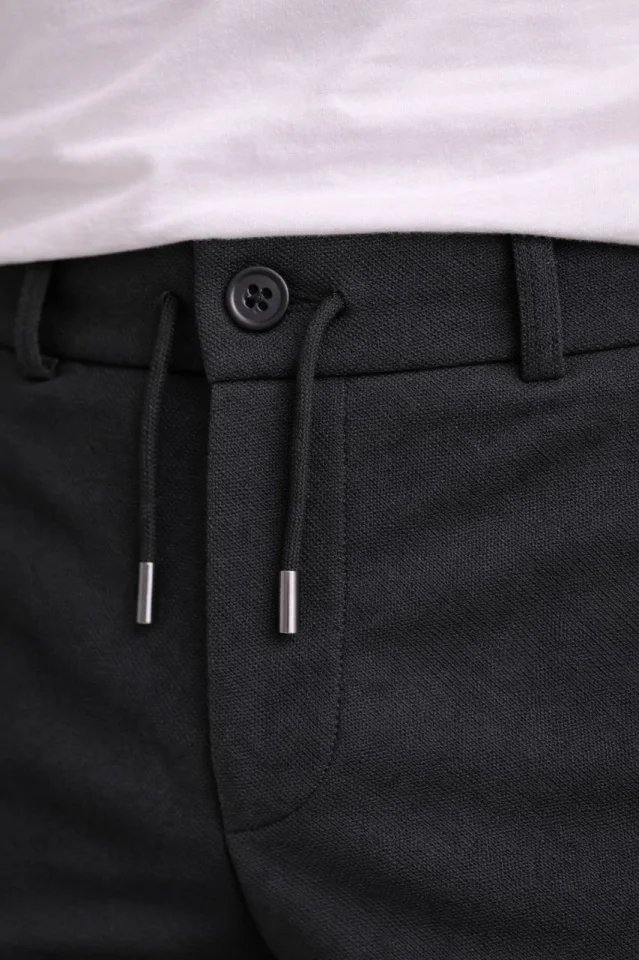 Erkek Diagonel Mikro Dokulu Duble Paça Cepli Pantolon Bağcıklı Bel, Modern Kesim