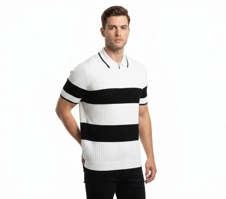 Erkek T-shirt Çizgili Triko Dokuma Kumaş Polo Yaka Yarım Fermuarlı Regular Kalıp Tişört