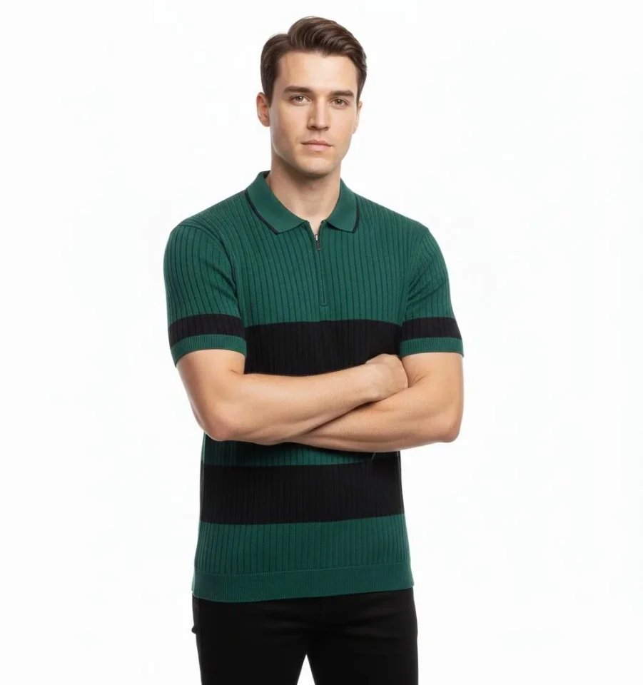 Erkek T-shirt Çizgili Triko Dokuma Kumaş Polo Yaka Yarım Fermuarlı Regular Kalıp Tişört