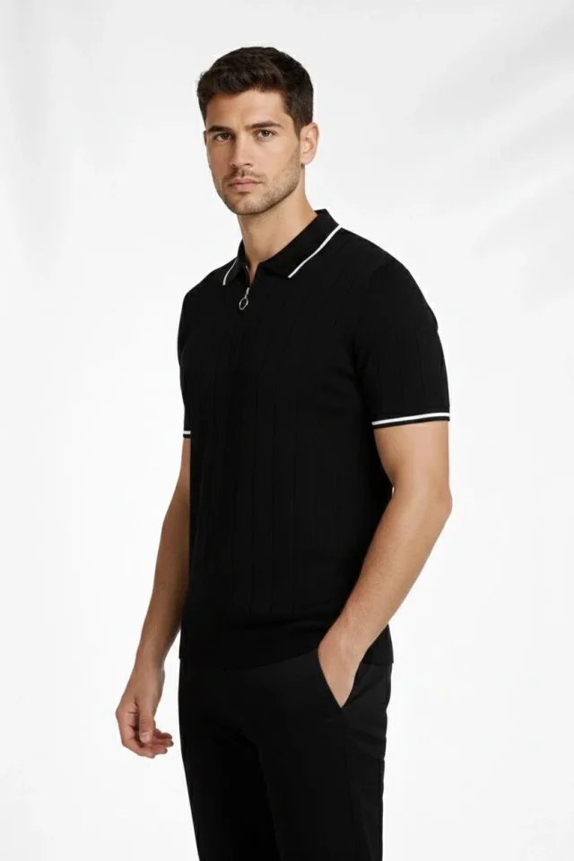 Erkek Fermuarlı Yaka Fitilli Triko Kısa Kollu Regular Fit Tişört T-shirt