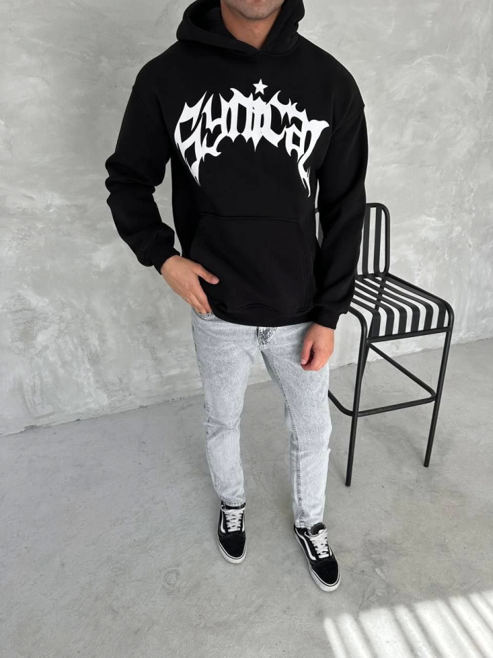 Unisex Üç İplik Kapşonlu Baskılı SweatShirt