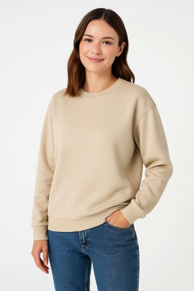 Üç İplik Düz Bisiklet Yaka SweatShirt