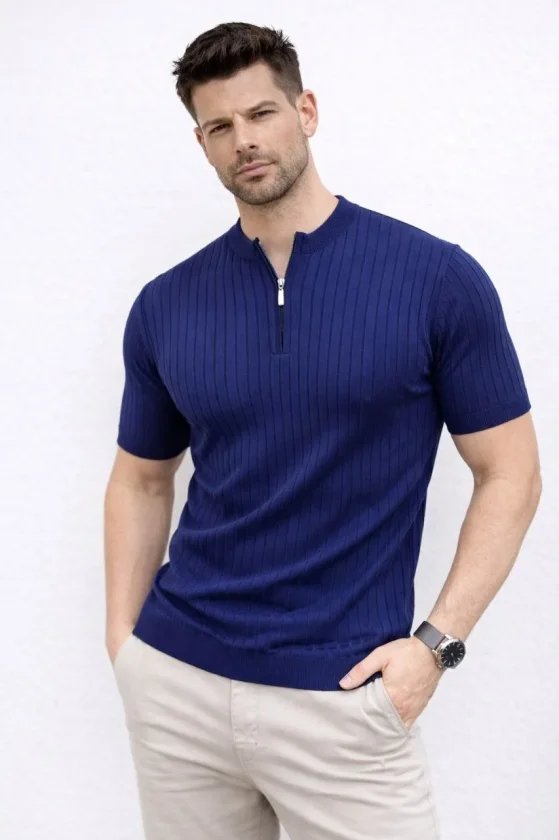 Erkek Kısa Kol Fitilli Triko T-Shirt Yazlık Hakim Yaka Tişört