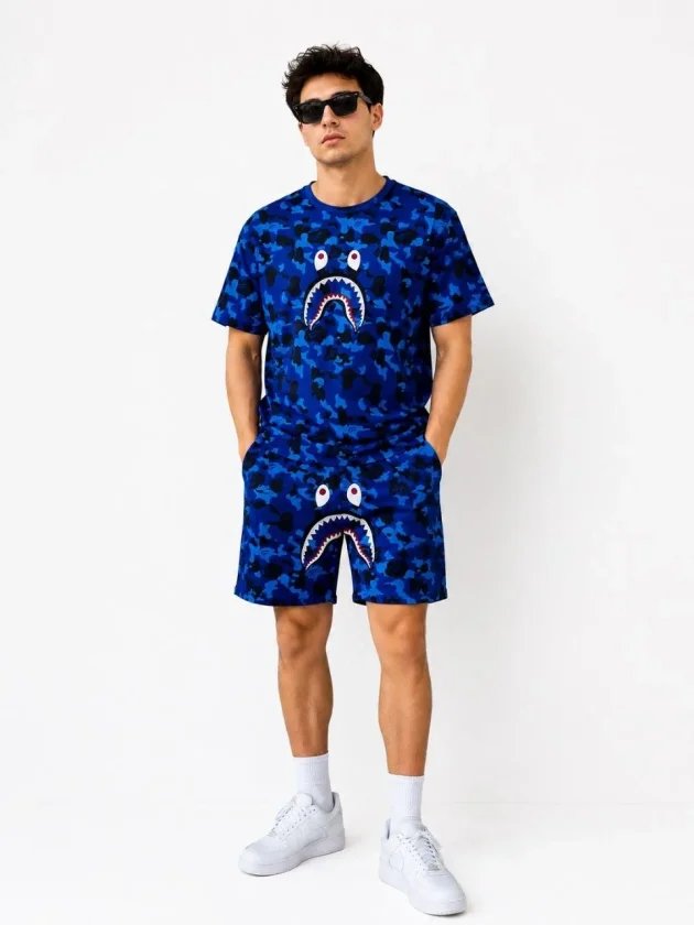 Erkek Oversize Kalıp Pubg Bape X Shark Nakışlı Cepli Şort Takım