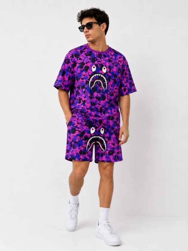 Erkek Oversize Kalıp Pubg Bape X Shark Nakışlı Cepli Şort Takım