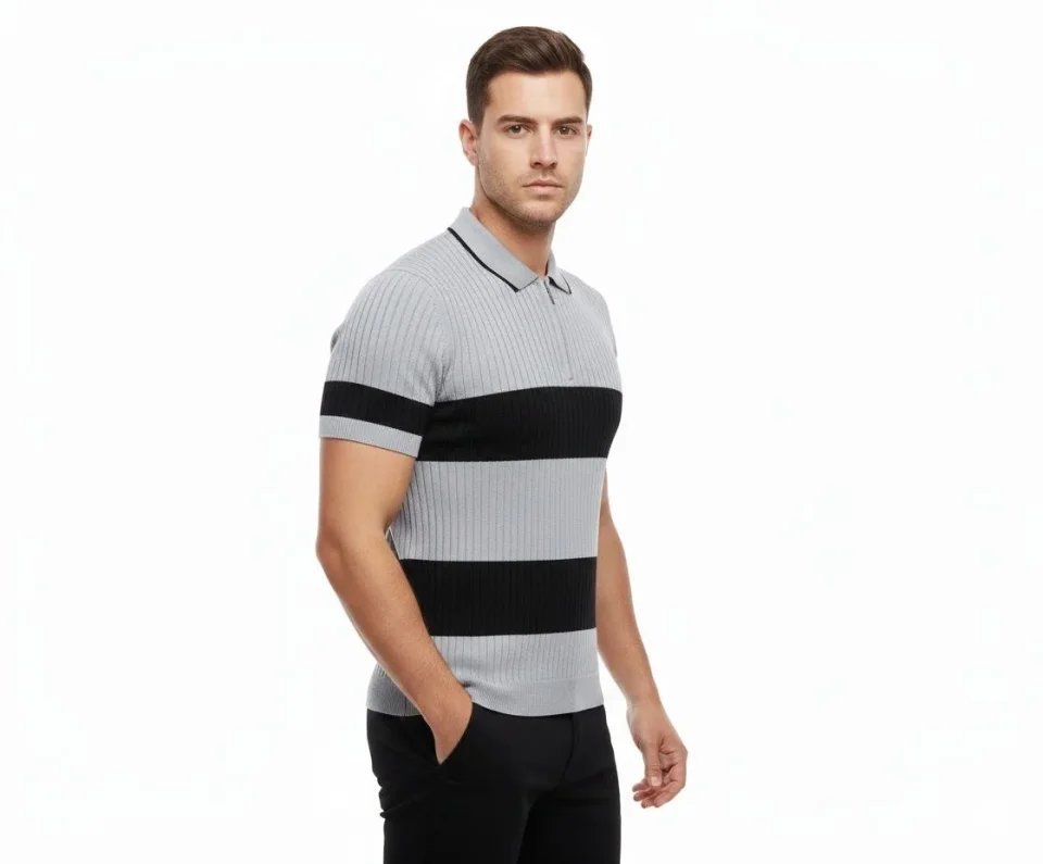 Erkek T-shirt Çizgili Triko Dokuma Kumaş Polo Yaka Yarım Fermuarlı Regular Kalıp Tişört