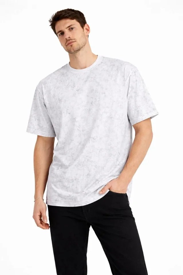 Erkek Asit Yıkama Bisiklet Yaka Kısa Kollu Oversize T-Shirt Tişört