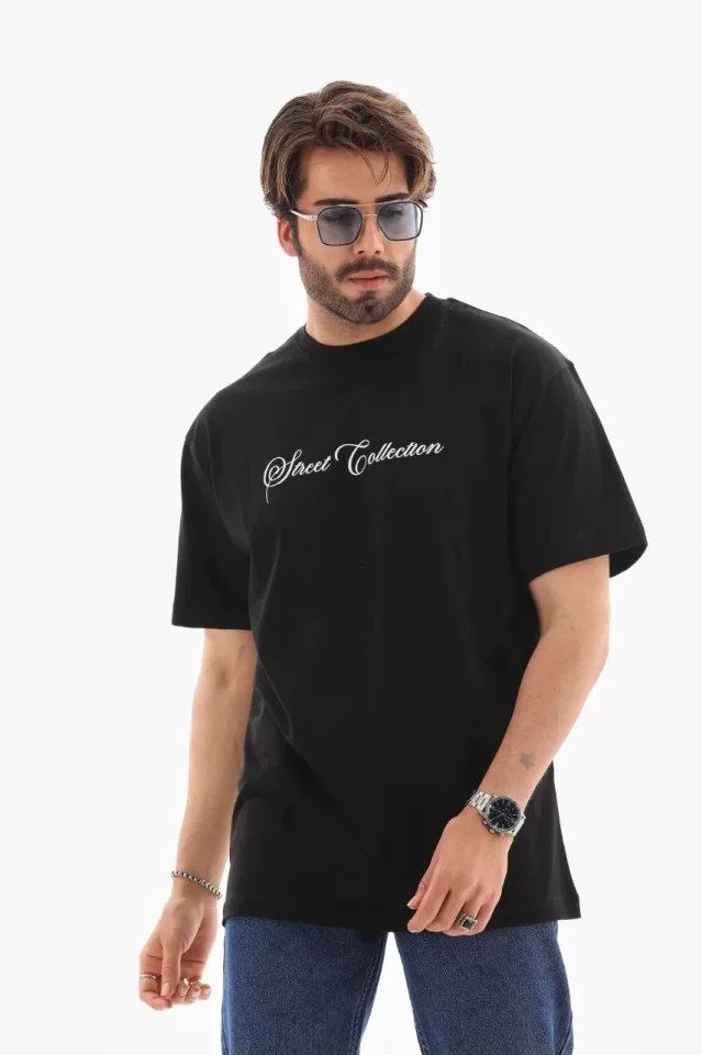 Unisex Bisiklet Yaka Baskılı Oversize T-Shirt
