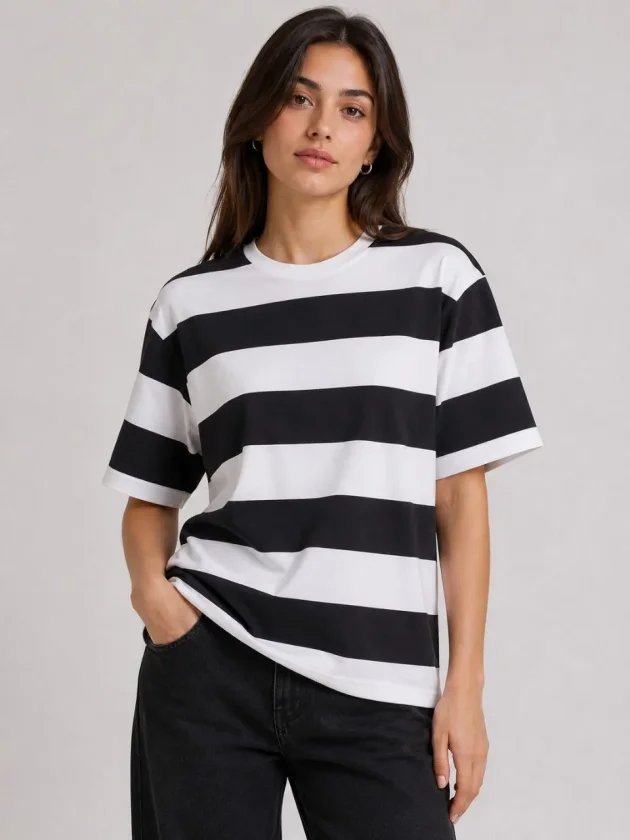 Çizgili Oversize Tişört Bisiklet Yaka Kısa Kol Yazlık T-Shirt