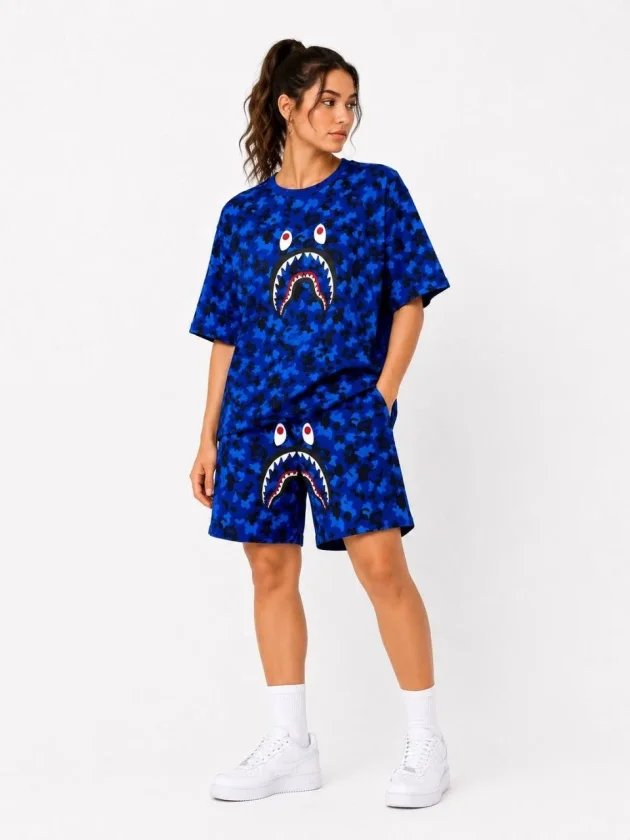 Oversize Kalıp Pubg Bape X Shark Nakışlı Cepli Şort Takım