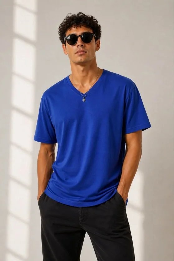 Erkek V Yaka Basic Tişört Kısa Kol Yazlık Regular Fit T-Shirt