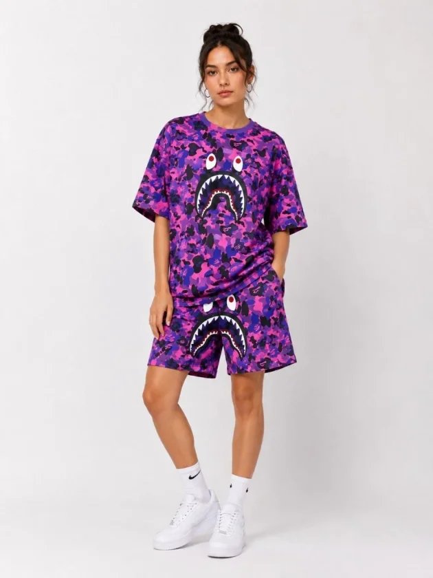 Oversize Kalıp Pubg Bape X Shark Nakışlı Cepli Şort Takım