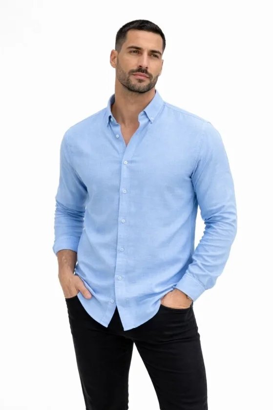 Erkek KETEN Kumaş Oversize Uzun Kollu Rahat Kalıp Gömlek