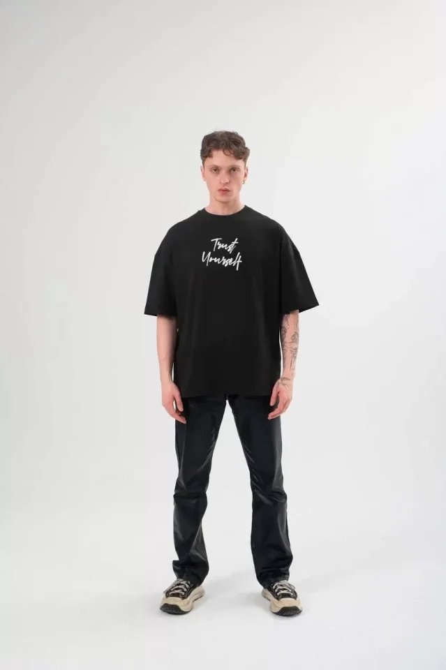 Unisex Bisiklet Yaka Baskılı Oversize T-Shirt