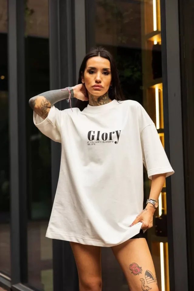 Unisex Bisiklet Yaka Baskılı Oversize T-Shirt