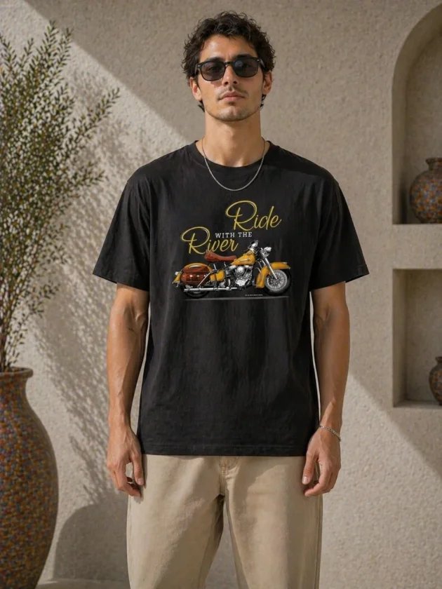 Erkek Motosiklet Baskılı Tişört Bisiklet Yaka Kısa Kol Yazlık T-Shirt