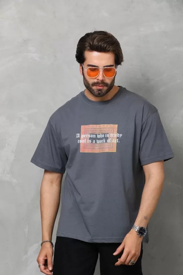 Unisex Bisiklet Yaka Baskılı Oversize T-Shirt