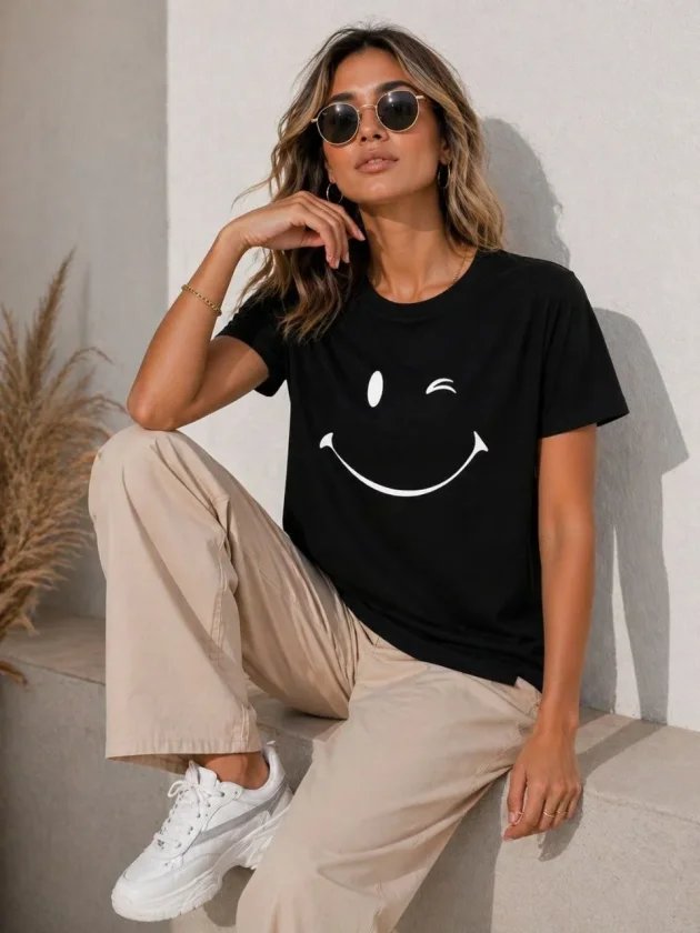 Minimal Gülümseyen Yüz Baskılı Tişört Kısa Kol Yazlık T-Shirt