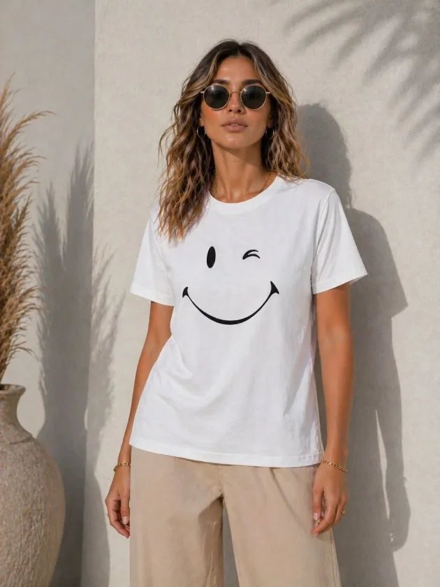 Minimal Gülümseyen Yüz Baskılı Tişört Kısa Kol Yazlık T-Shirt