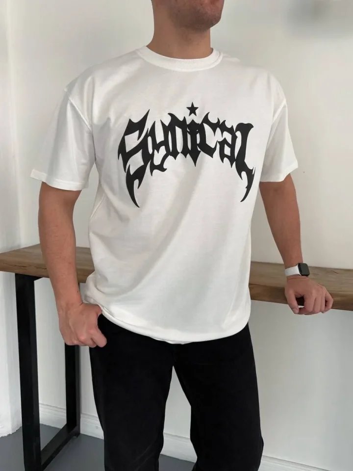 Erkek Bisiklet Yaka Ön Baskılı Kısa Kollu Tişört Streetwear Günlük Basic Pamuklu T-shirt