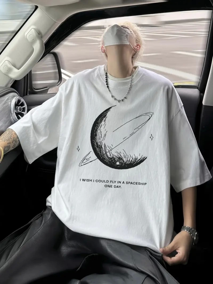 Baskılı Oversize Bisiklet Yaka T-shirt