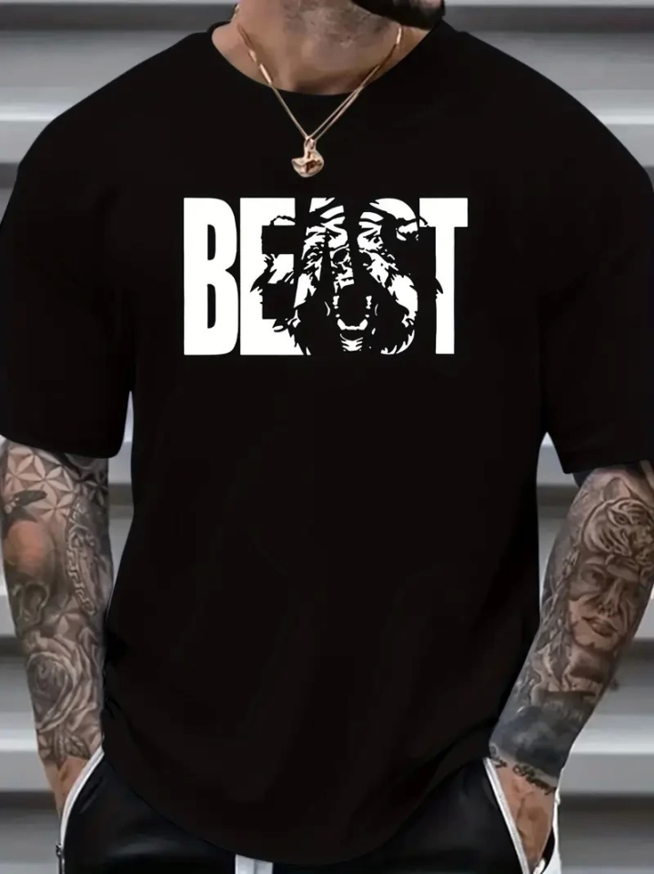Baskılı Oversize Bisiklet Yaka T-shirt - Siyah