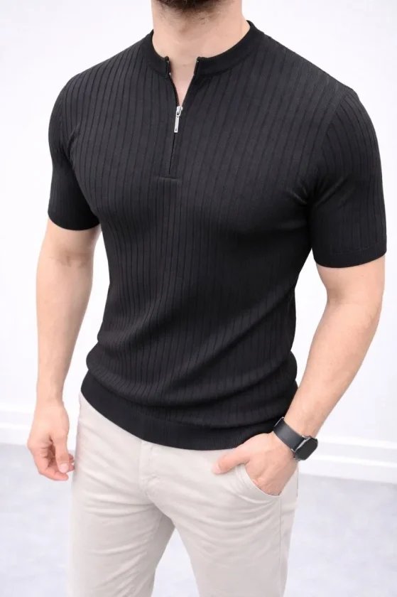 Erkek Kısa Kol Fitilli Triko T-Shirt Yazlık Hakim Yaka Tişört