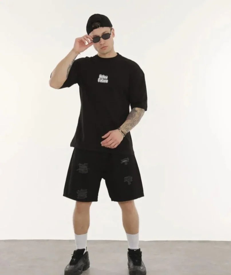 Unisex Bisiklet Yaka Baskılı Oversize T-Shirt