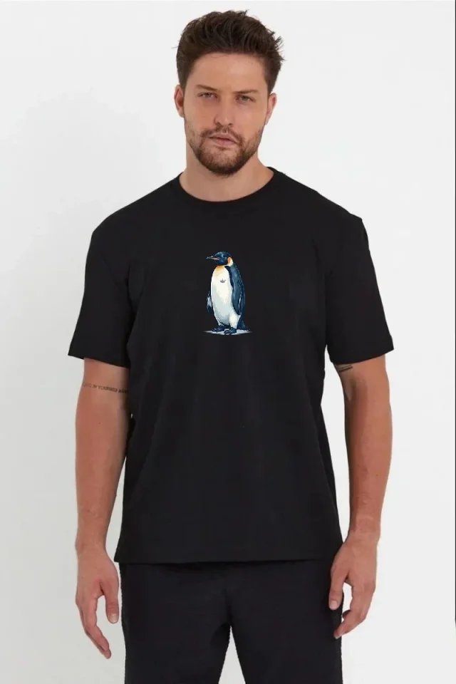 Erkek Oversize Tişört - Sırt Baskılı Survivor Penguin Temalı, Felsefi Yazılı Bisiklet Yaka Tişört