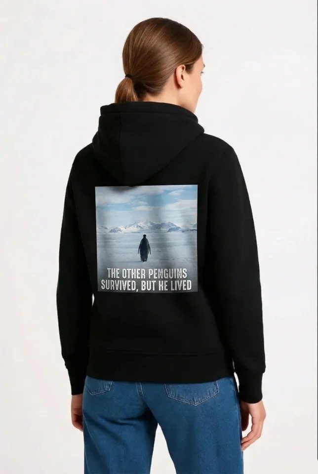 Oversize Hoodie - Sırt Baskılı Survivor Penguin Temalı, Felsefi Yazılı Kapüşonlu Sweatshirt