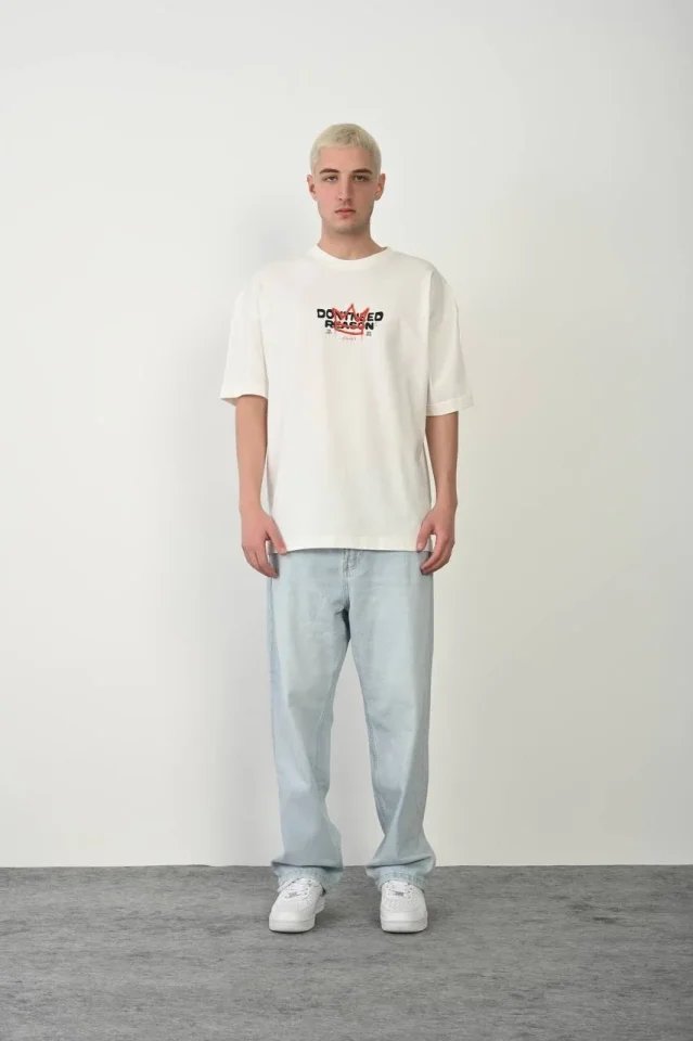 Unisex Bisiklet Yaka Baskılı Oversize T-Shirt