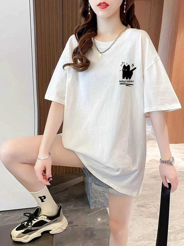 Baskılı Oversize Bisiklet Yaka T-shirt