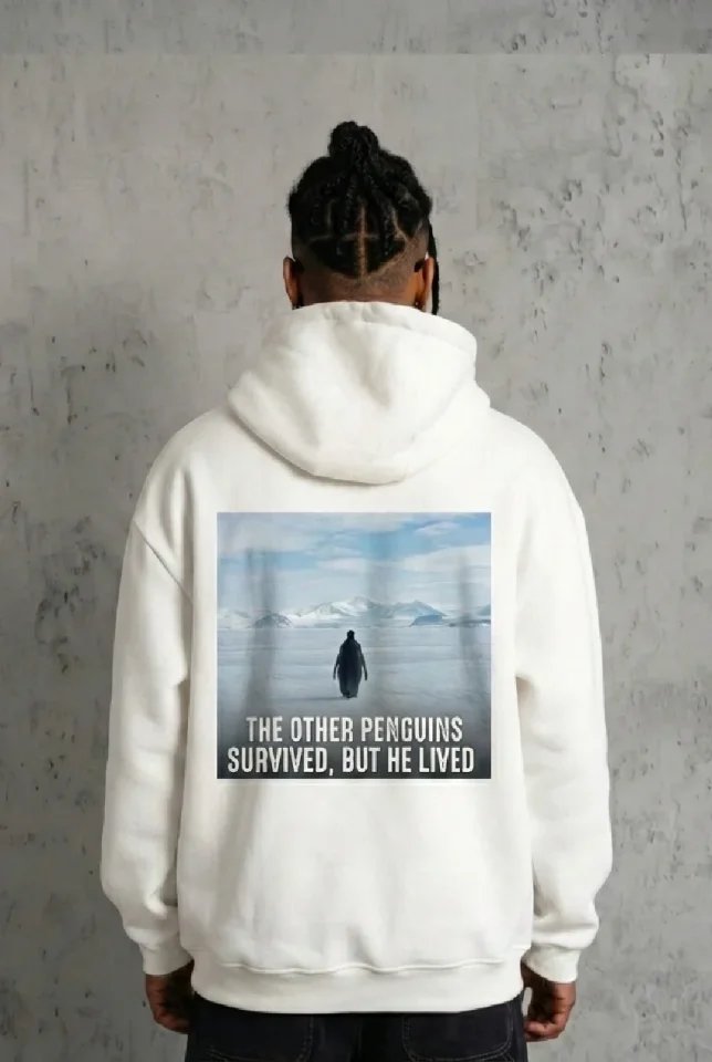 Siyah Oversize Hoodie - Sırt Baskılı Survivor Penguin Temalı, Felsefi Yazılı Kapüşonlu Sweatshirt