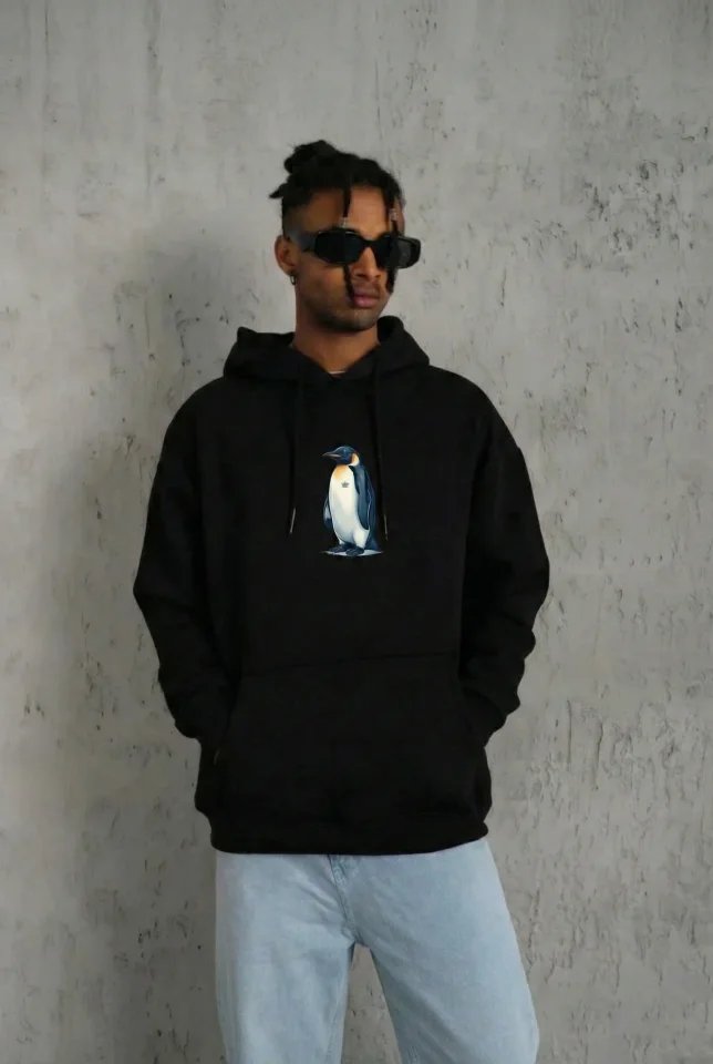 Siyah Oversize Hoodie - Sırt Baskılı Survivor Penguin Temalı, Felsefi Yazılı Kapüşonlu Sweatshirt