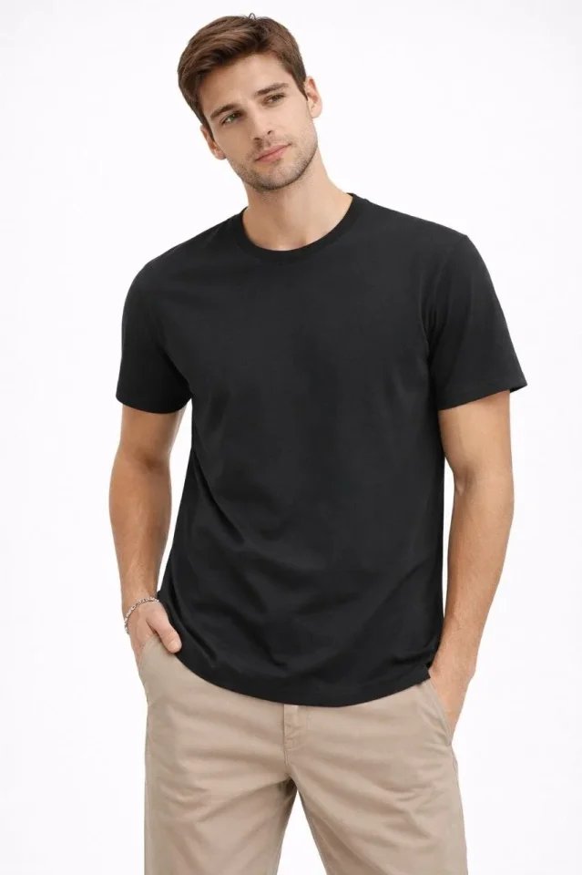 Erkek Bisiklet Yaka Tişört Regular Kalıp Basic Pamuklu Günlük Kullanım T-shirt