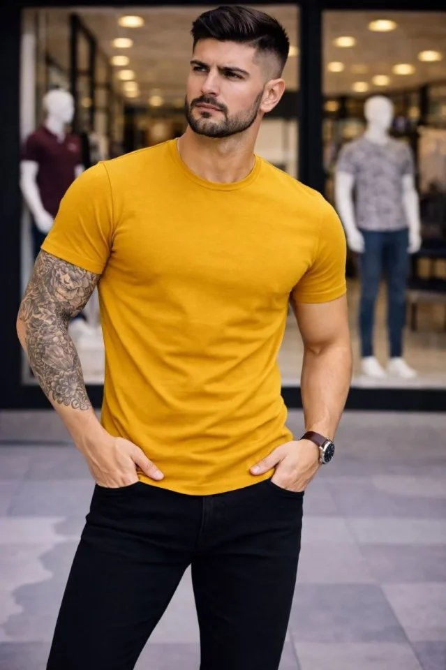 Erkek T-Shirt Bisiklet Yaka Slim Fit Dar Kesim Likralı Tişört Günlük Basic Body