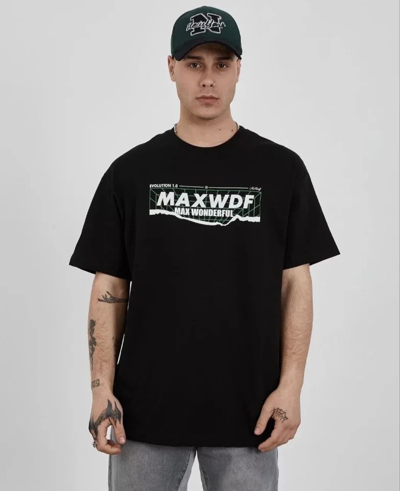 Unisex Bisiklet Yaka Baskılı Oversize T-Shirt
