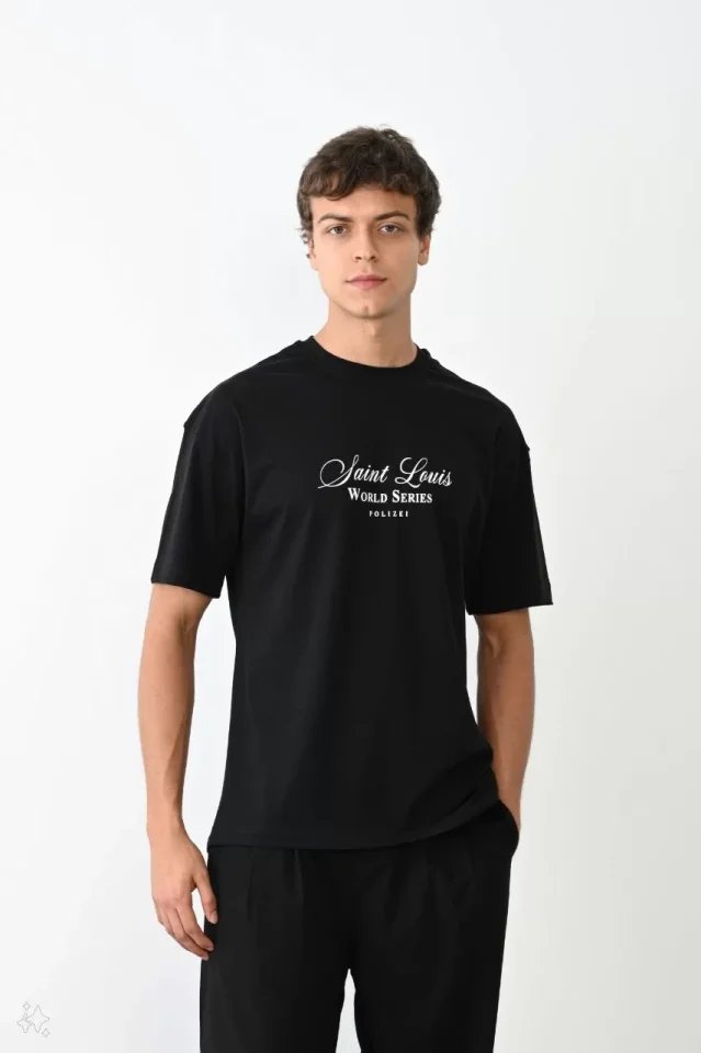 Unisex Bisiklet Yaka Baskılı Oversize T-Shirt