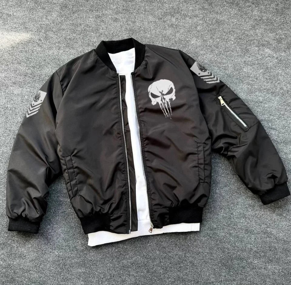 Unisex Uzun Kol Kuru Kafa Baskılı Bomber Ceket