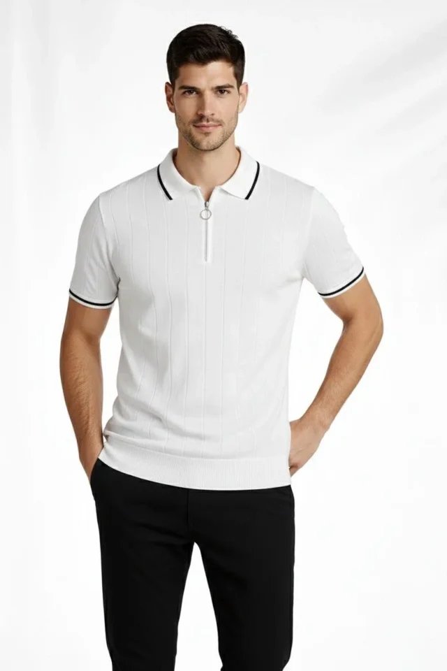 Erkek Fermuarlı Yaka Fitilli Triko Kısa Kollu Regular Fit Tişört T-shirt