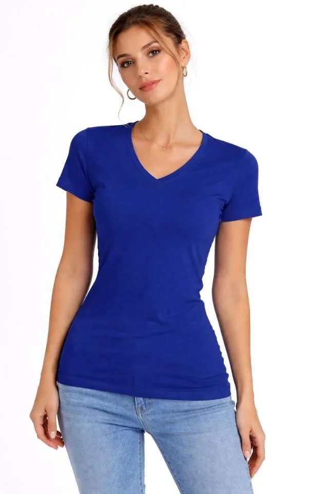 T-Shirt V Yaka Slim Fit Likralı Tişört Günlük Basic Body