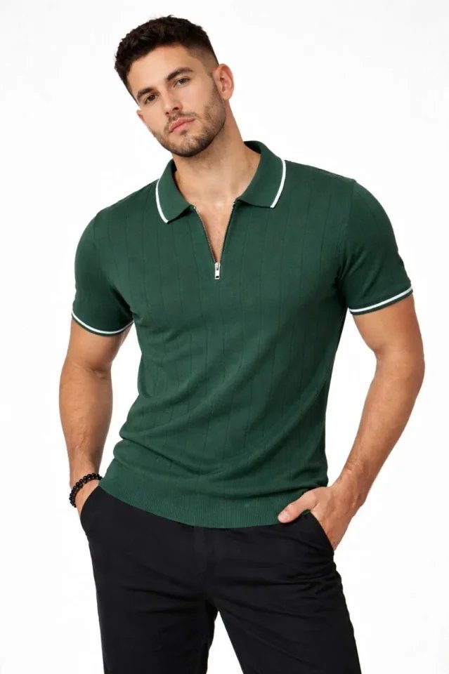 Erkek Fermuarlı Yaka Fitilli Triko Kısa Kollu Regular Fit Tişört T-shirt