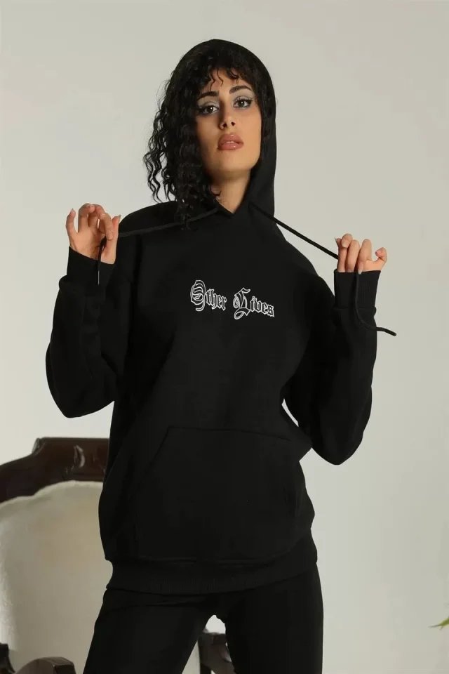 Sırt Baskılı Oversize Üç İplik Kapüşonlu Sweatshirt