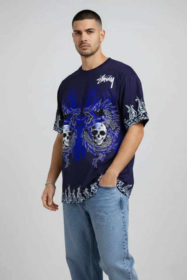 Erkek Lacivert Oversize Tişört Dragon - Kuru Kafa Baskılı Bisiklet Yaka Streetwear T-Shirt